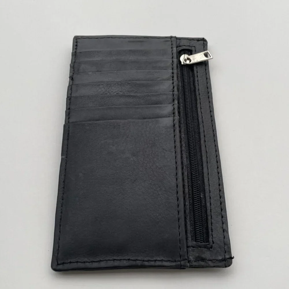 Long Card Holder Billfold Black Genuine Leather Wallet Handmade Coin Purse
